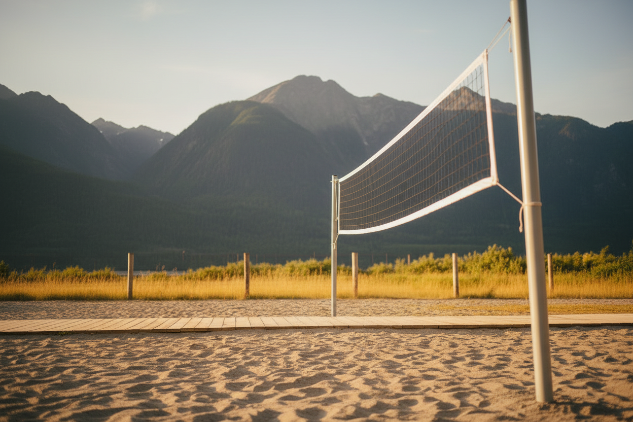 Volleyball net with mountain backdrop, original angle